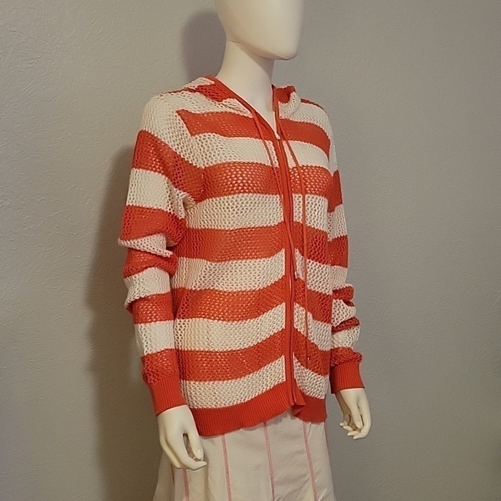 Vtg Quacker Factory Coral Stripe Peekaboo Zipper Hoodie Festival Cover-Up View 2